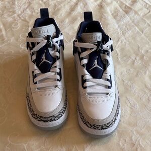Jordan Kids White and Navy Basketball Sneakers with Grey Elephant Print